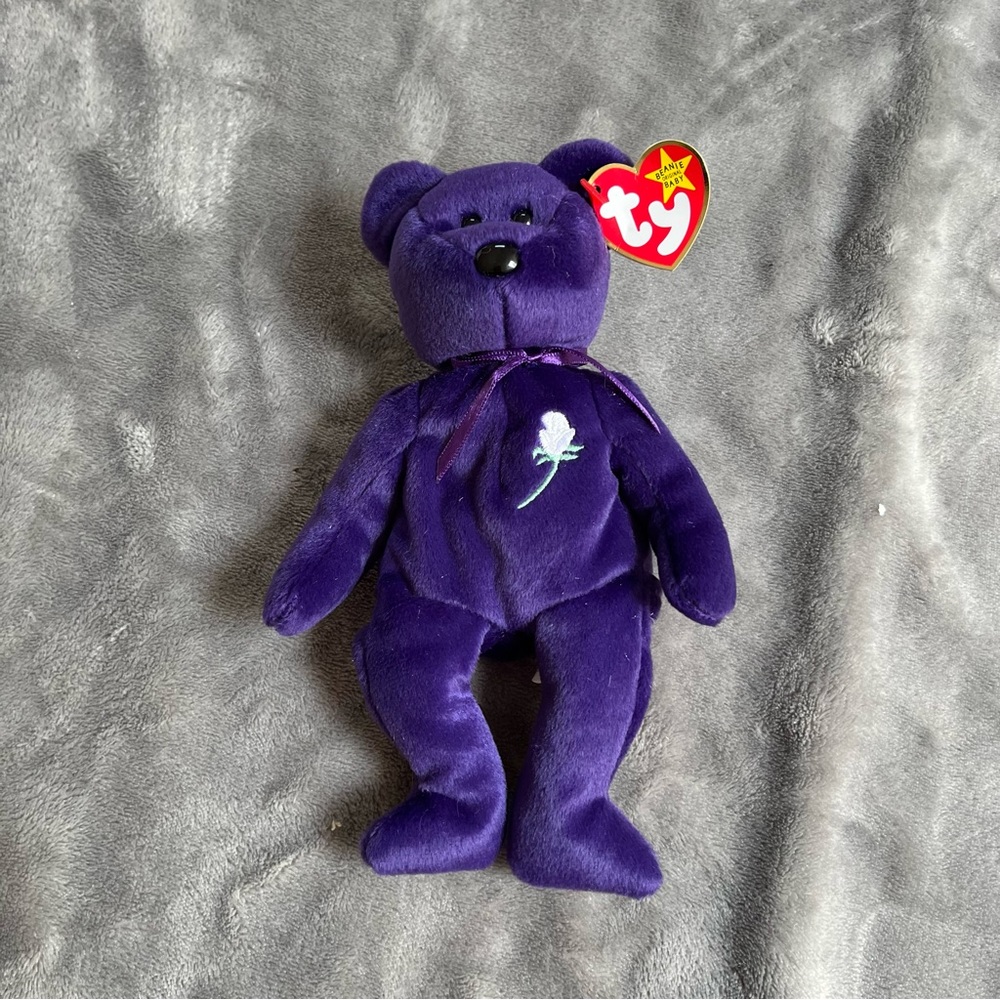 Ty Princess Purple Diana Memorial White Rose Beanie Baby Bear Plush New With Tag